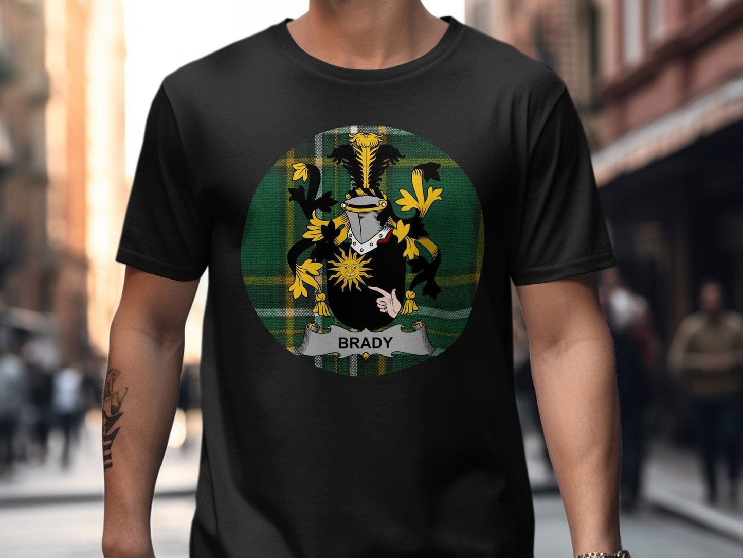 Physical Item Black / S Brady Family Crest on Irish Tartan Background T-Shirt