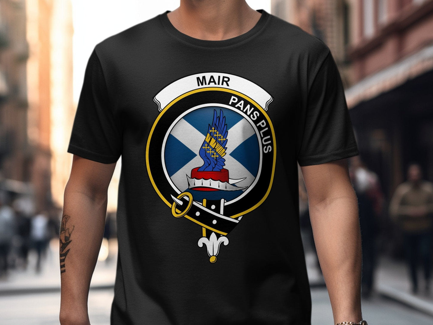 Physical Item Black / S Mair Clan Crest on St Andrews Flag Background T-Shirt