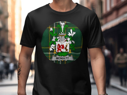 Physical Item Black / S McNulty Coat of Arms on Irish National Tartan Background T-Shirt