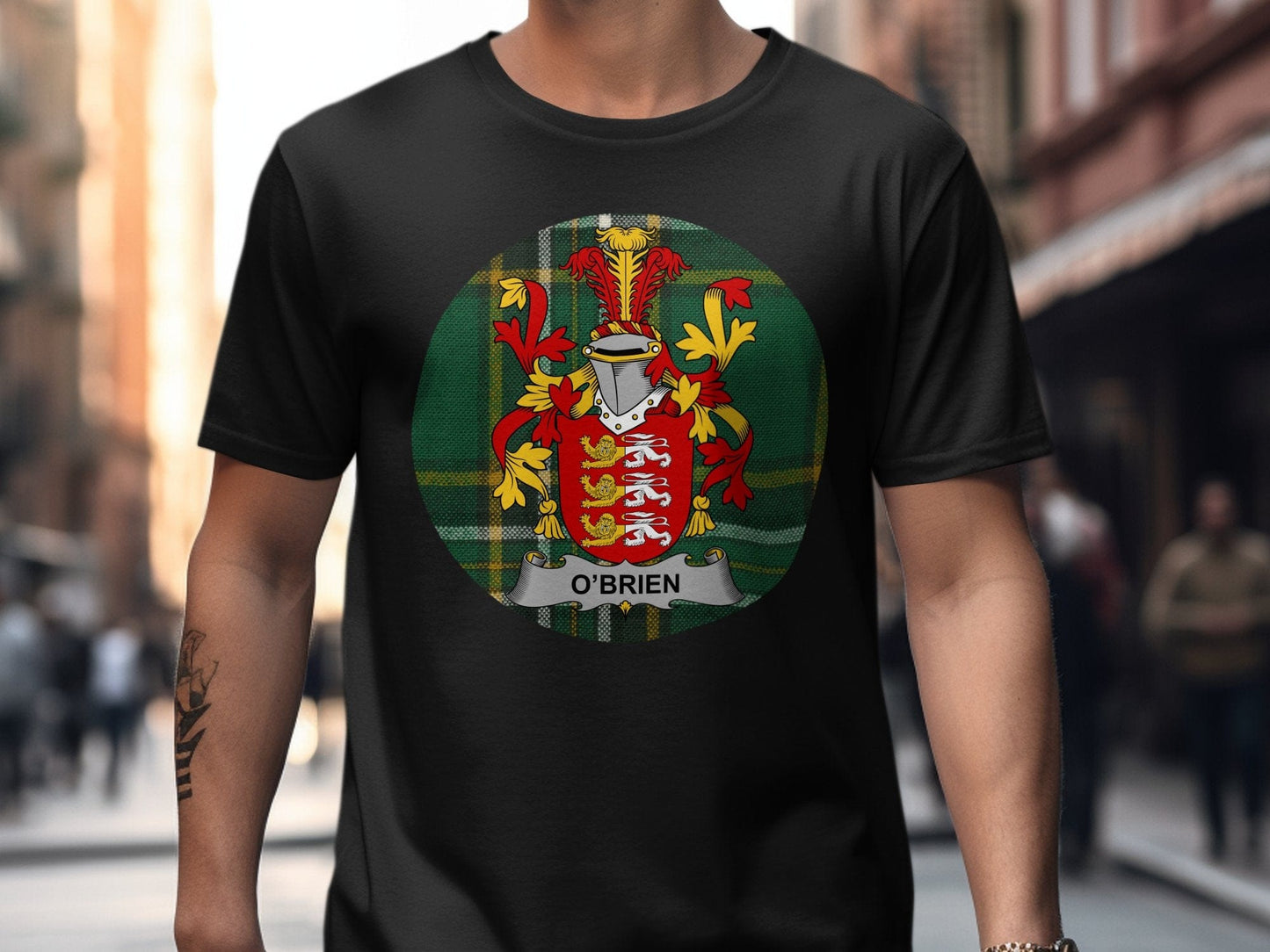 Physical Item Black / S O'Brien Coat of Arms on Tartan Background T-Shirt