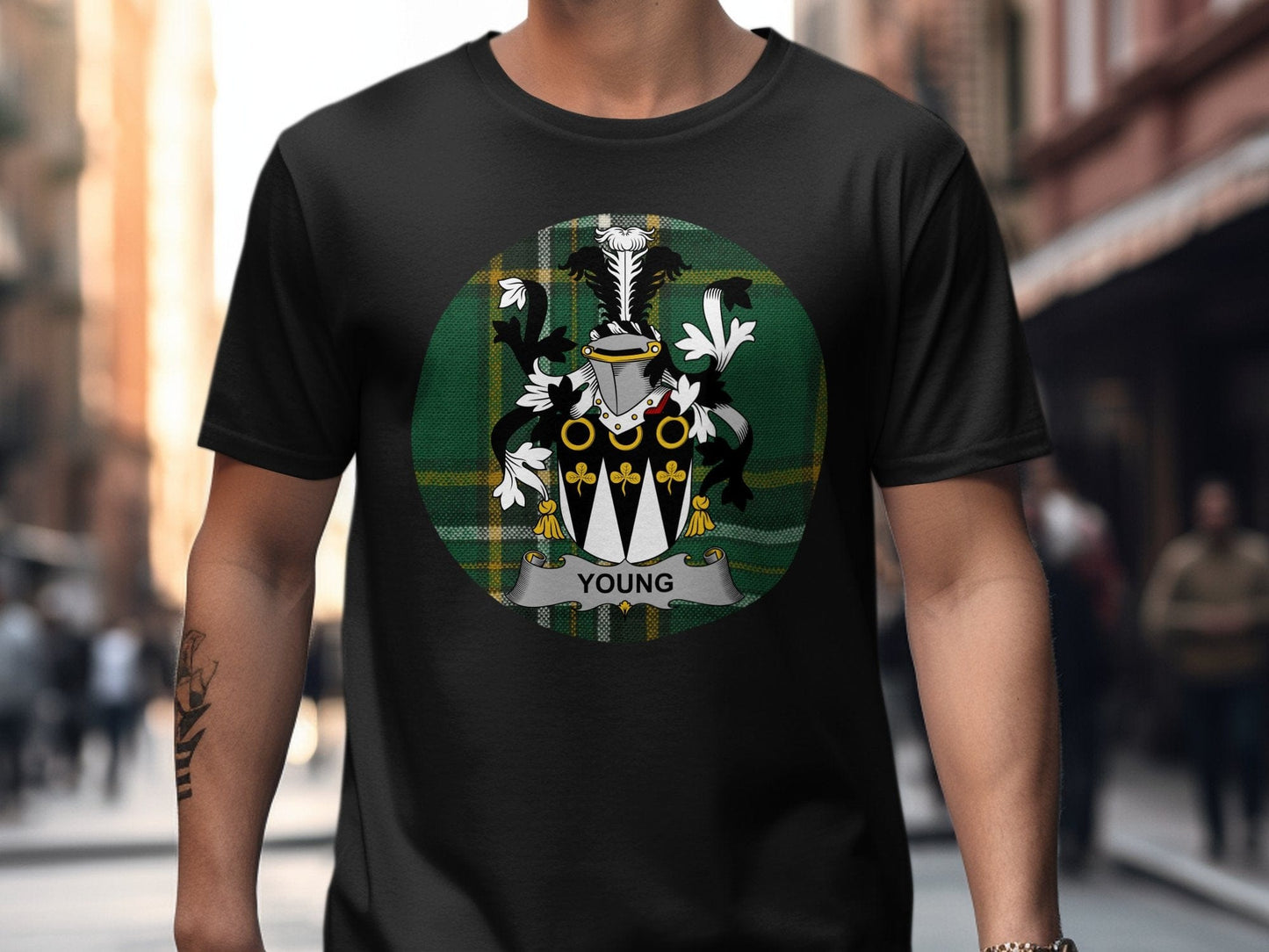 Physical Item Black / S Young Coat of Arms on Irish Tartan Background T-Shirt