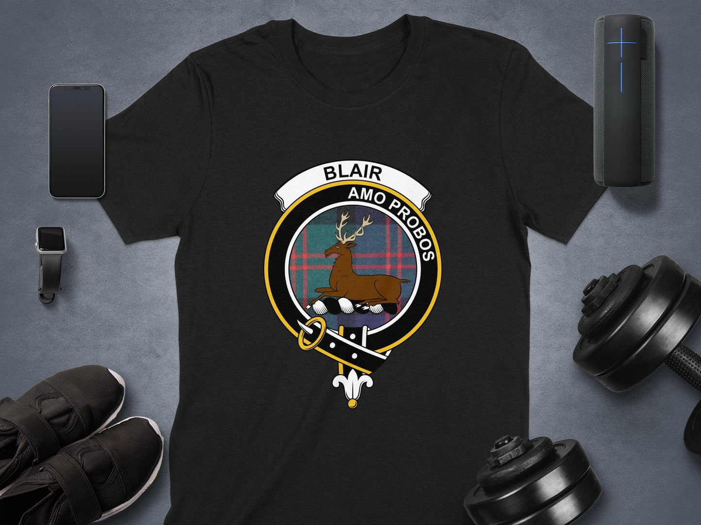 Physical Item Blair Clan Crest and Scottish Tartan Family Pride T-Shirt