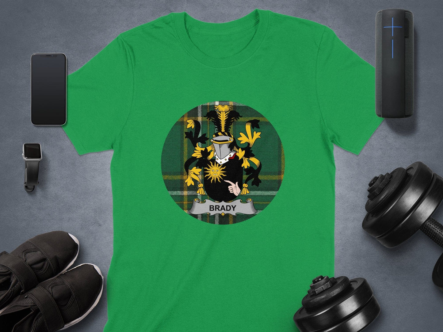 Physical Item Brady Family Crest on Irish Tartan Background T-Shirt