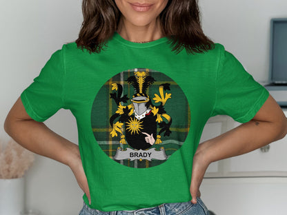 Physical Item Brady Family Crest on Irish Tartan Background T-Shirt