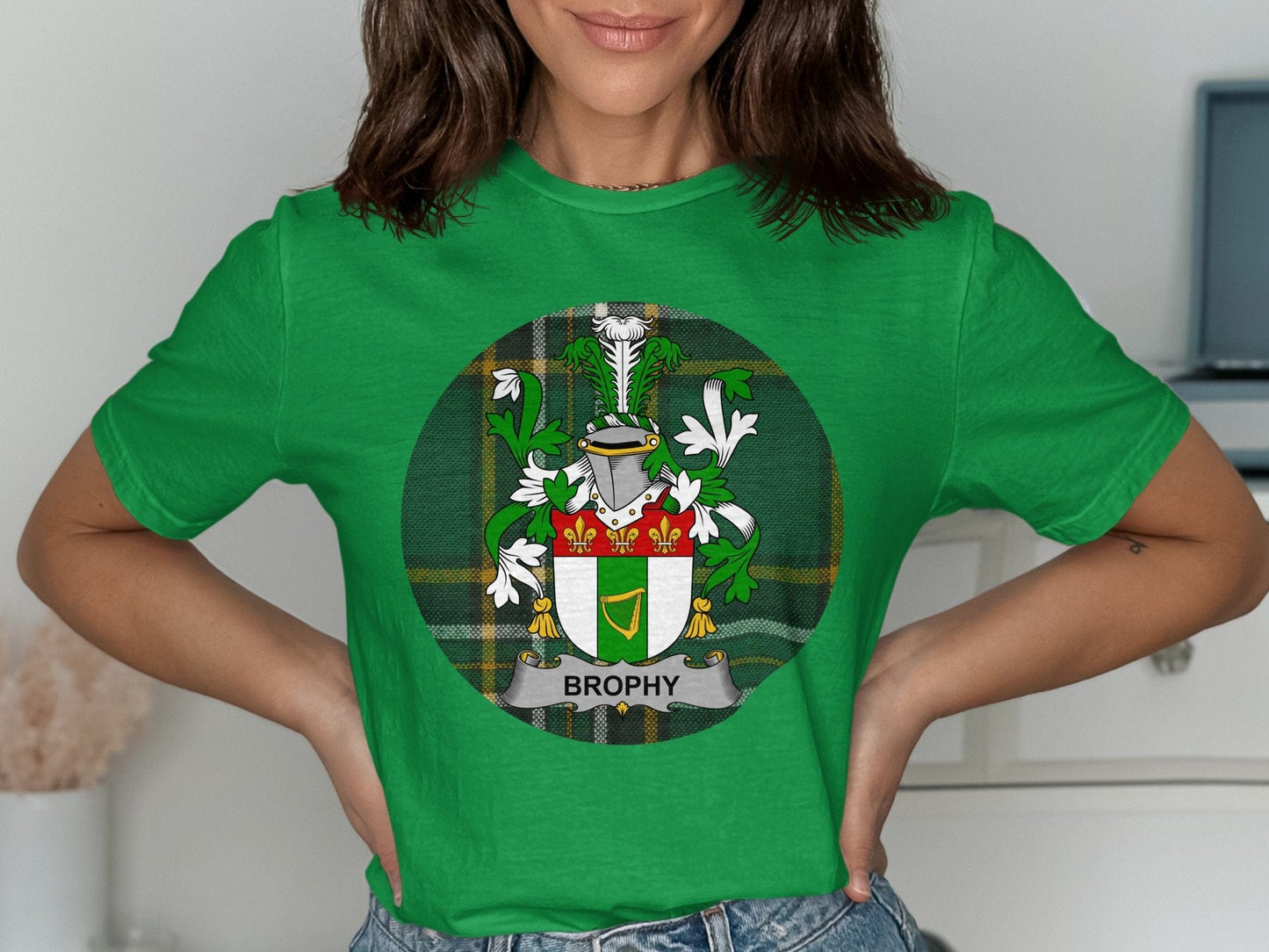 Physical Item Brophy Coat of Arms Irish Tartan Background T-Shirt