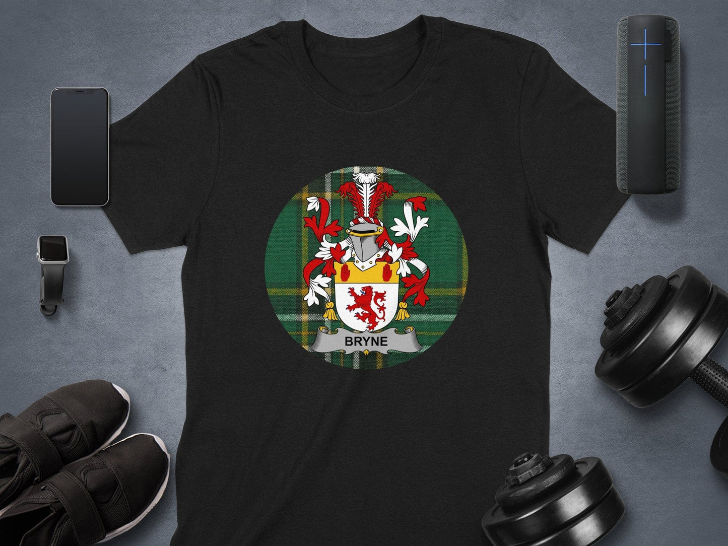 Physical Item Bryne Coat of Arms on Irish Tartan Background T-Shirt