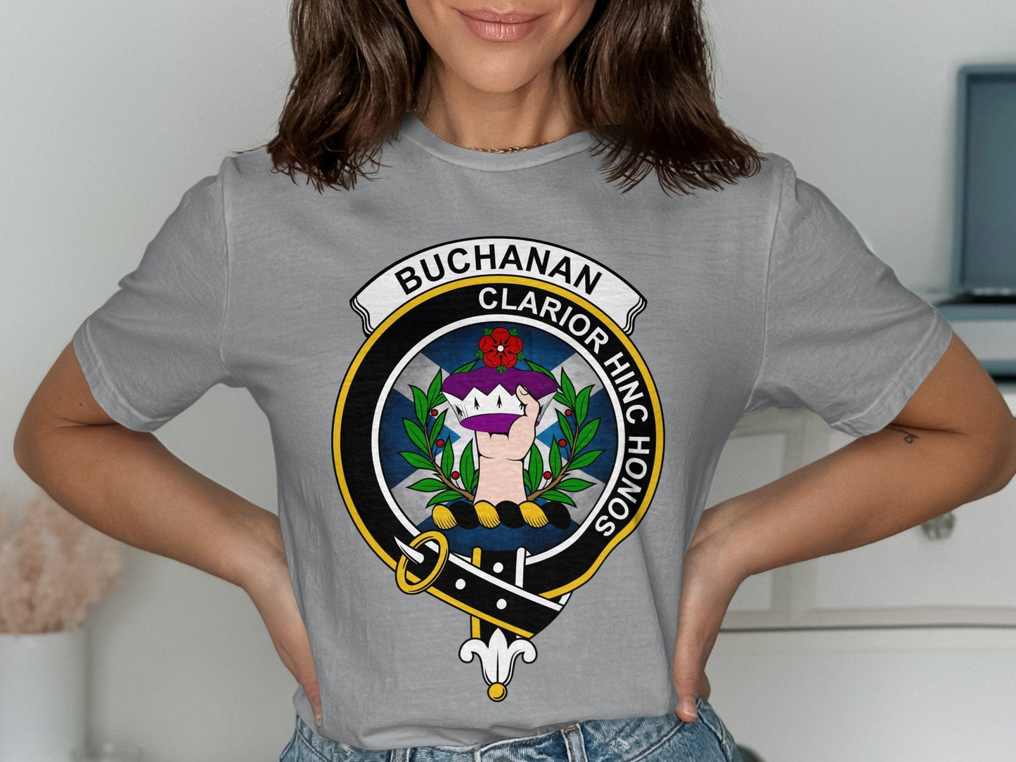 Physical Item Buchanan Clarion Hinc Honos Scottish Clan Crest T-Shirt