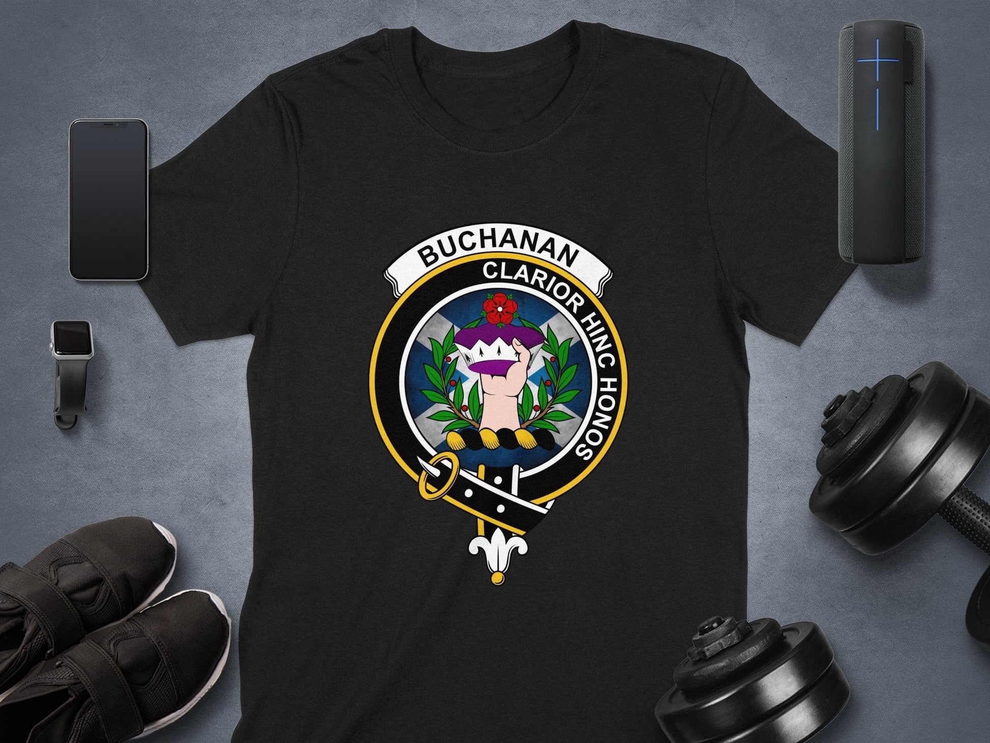 Physical Item Buchanan Clarion Hinc Honos Scottish Clan Crest T-Shirt