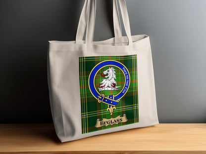 Physical Item Buglass Clan Crest on Scottish Tartan Pattern Tote Bag