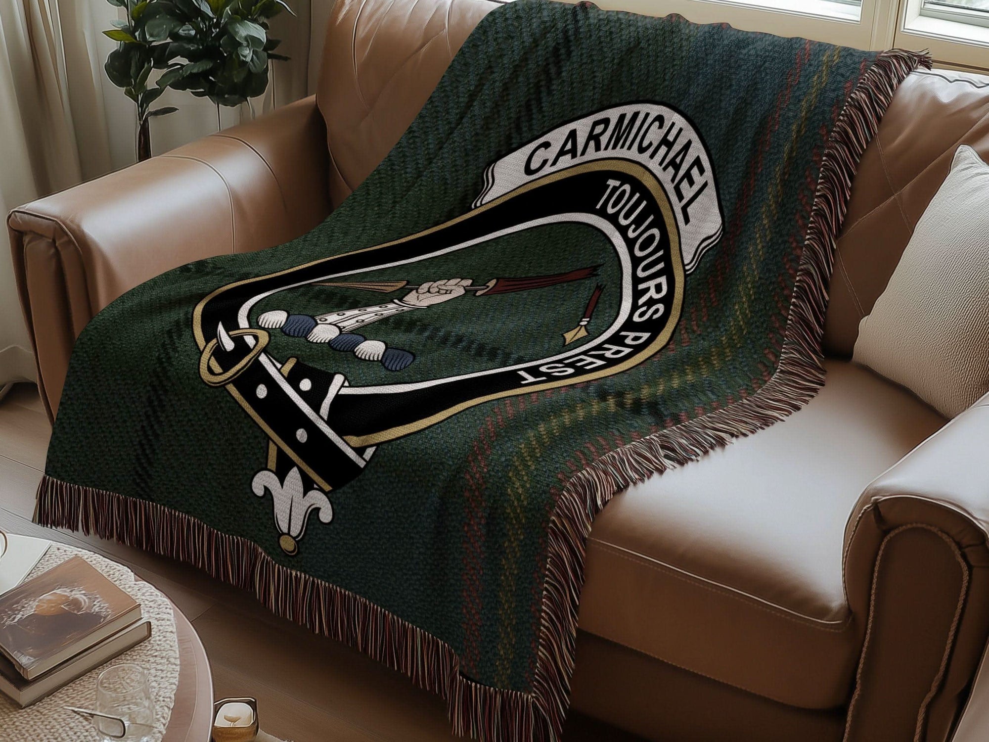 Carmichael Clan Crest Tartan Scottish Woven Blanket - Celtic Ancestry Gifts