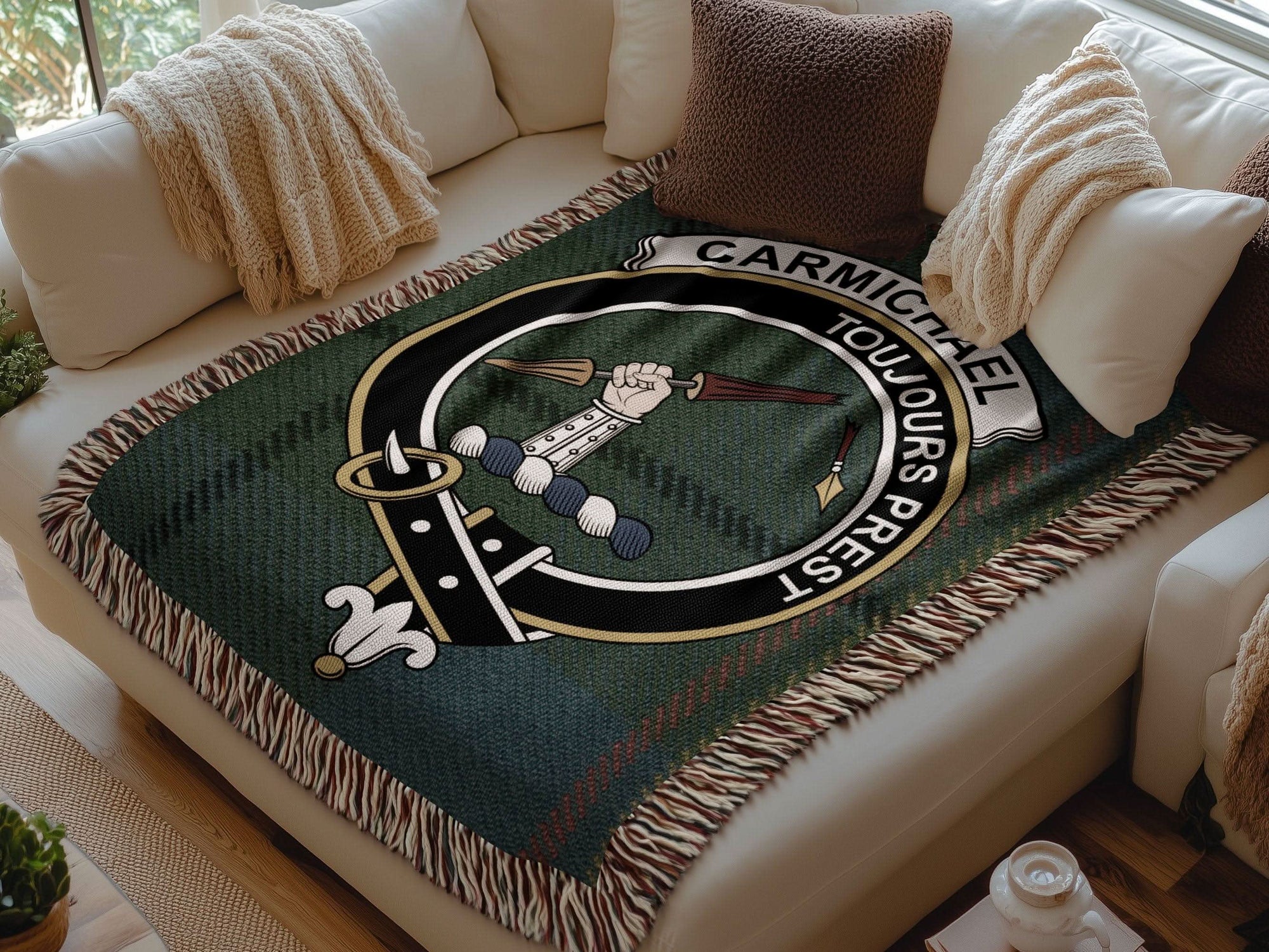 Carmichael Clan Crest Tartan Scottish Woven Blanket - Celtic Ancestry Gifts