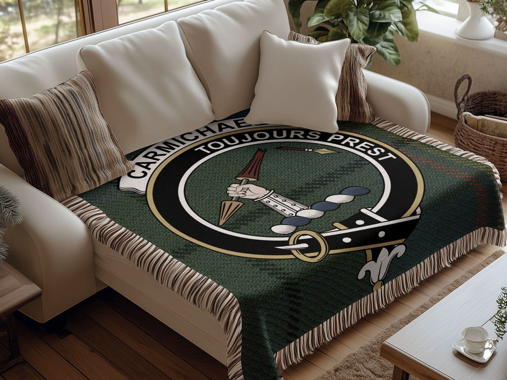 Carmichael Clan Crest Tartan Scottish Woven Blanket - Celtic Ancestry Gifts
