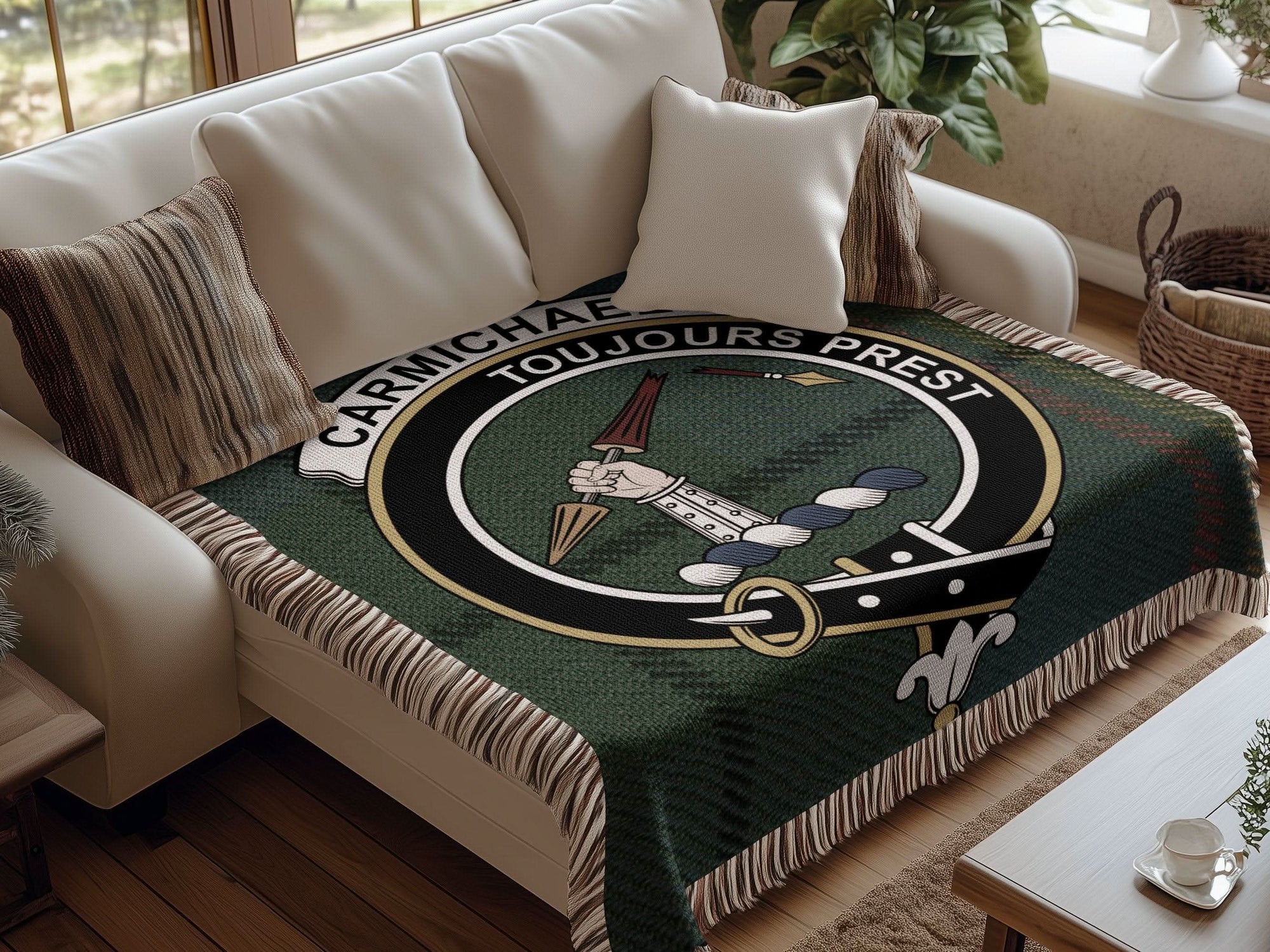Carmichael Clan Crest Tartan Scottish Woven Blanket - Celtic Ancestry Gifts