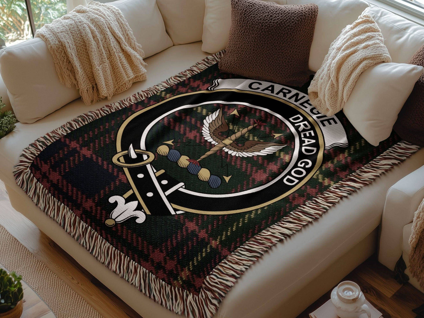 Carnegie Clan Crest Tartan Scottish Woven Blanket - Celtic Ancestry Gifts