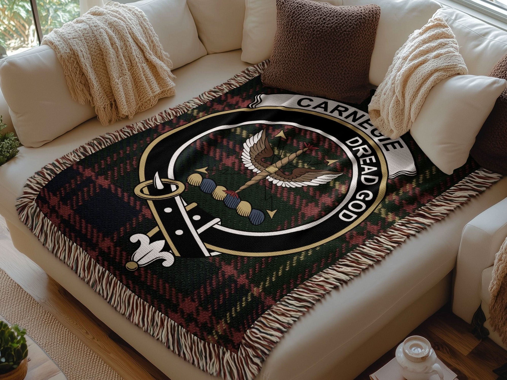 Carnegie Clan Crest Tartan Scottish Woven Blanket - Celtic Ancestry Gifts