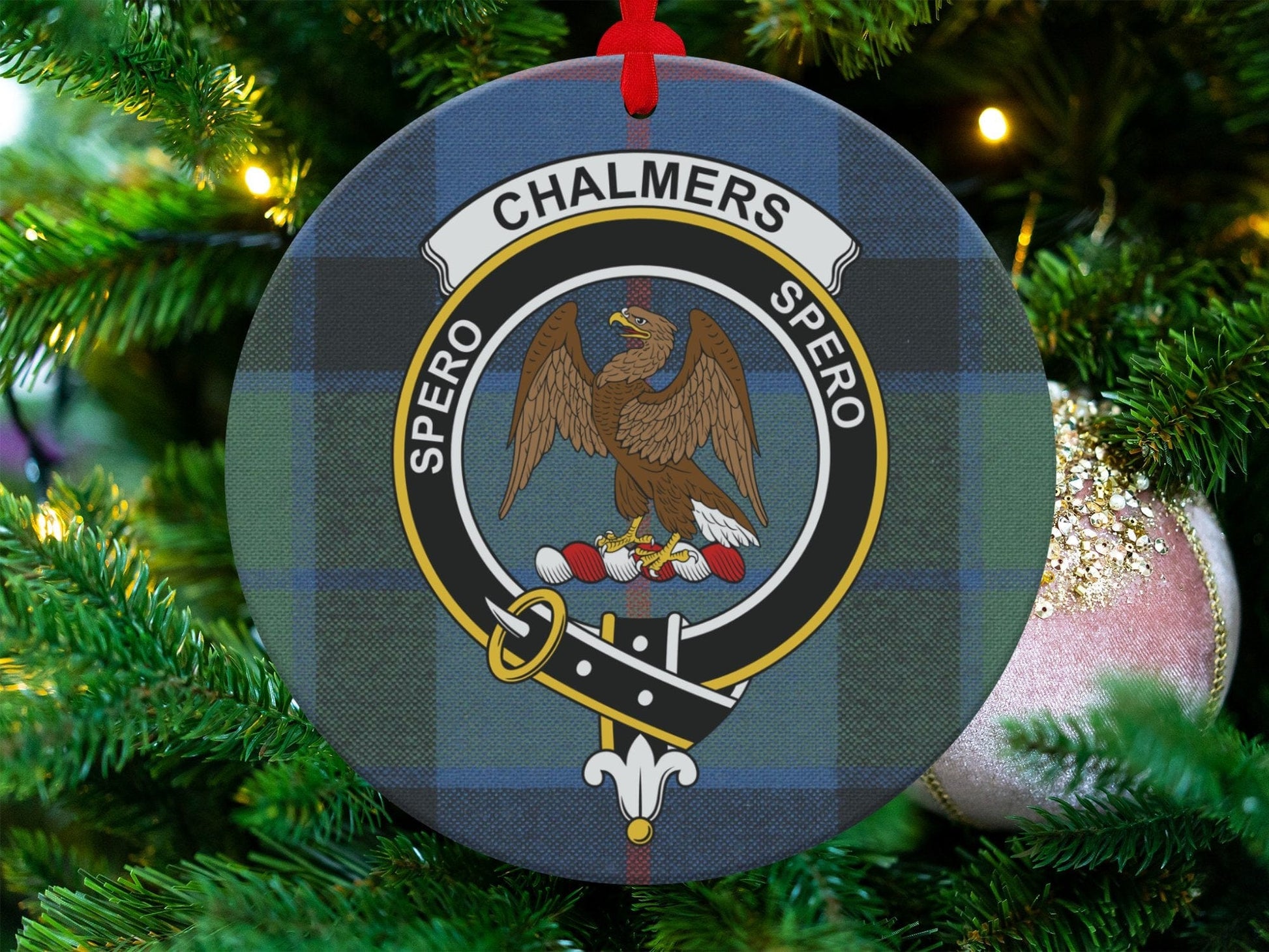 Physical Item Chalmers Clan Crest Tartan Print Christmas Ornaments