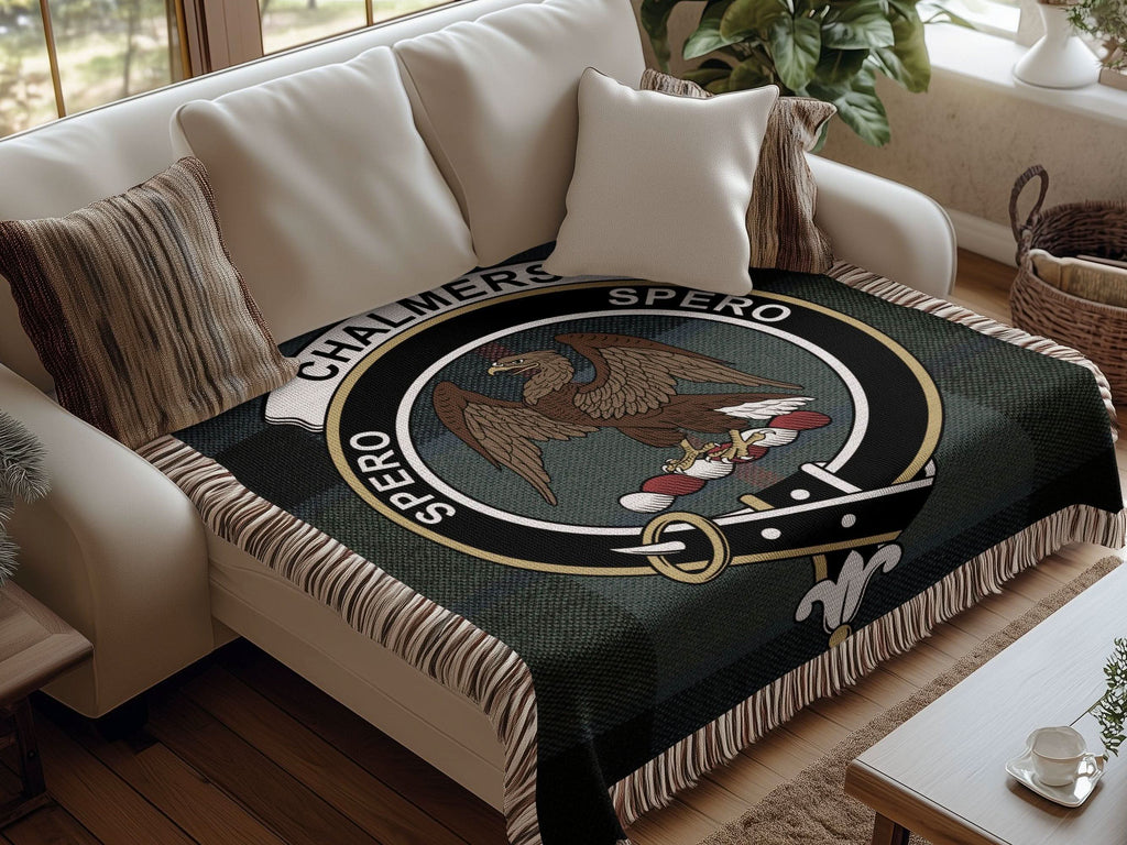 Chalmers Clan Crest Tartan Scottish Woven Blanket - Celtic Ancestry Gifts