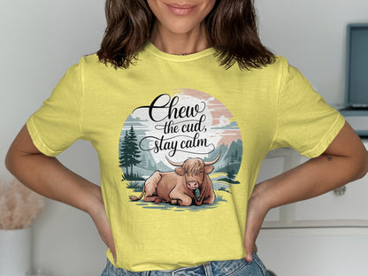 Physical Item Chew the Cud Stay Calm Highland Cow Graphic T-Shirts