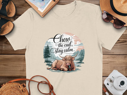 Physical Item Chew the Cud Stay Calm Highland Cow Graphic T-Shirts