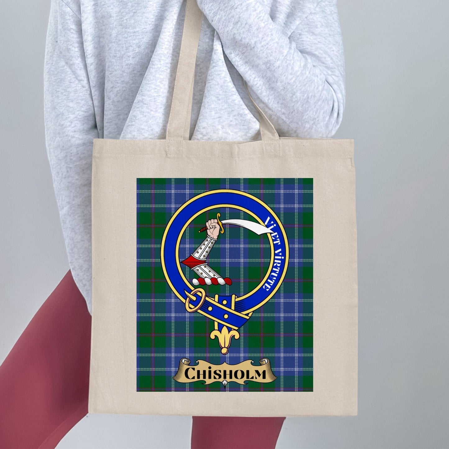 Physical Item Chisholm Clan Crest Tartan Background Tote Bag