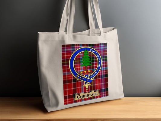 Physical Item Christall Clan Crest on a Tartan Background Tote Bag