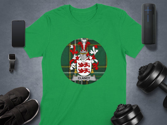 Physical Item Clancy Irish Coat of Arms on Tartan Background T-Shirt