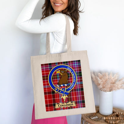 Physical Item Collison Clan Crest Scottish Tartan Background Tote Bag