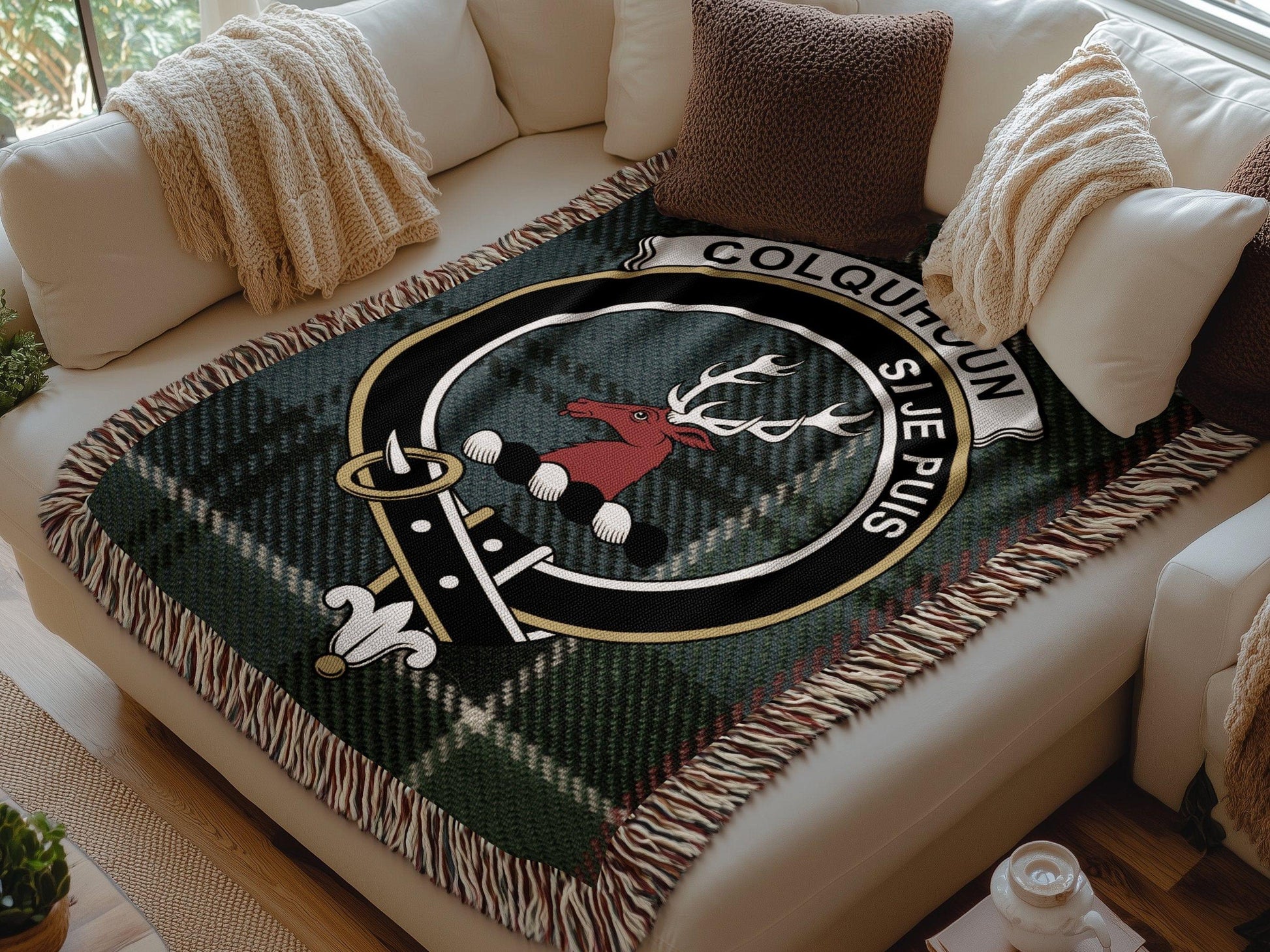 Physical Item Colquhoun Clan Crest Tartan Scottish Woven Blanket