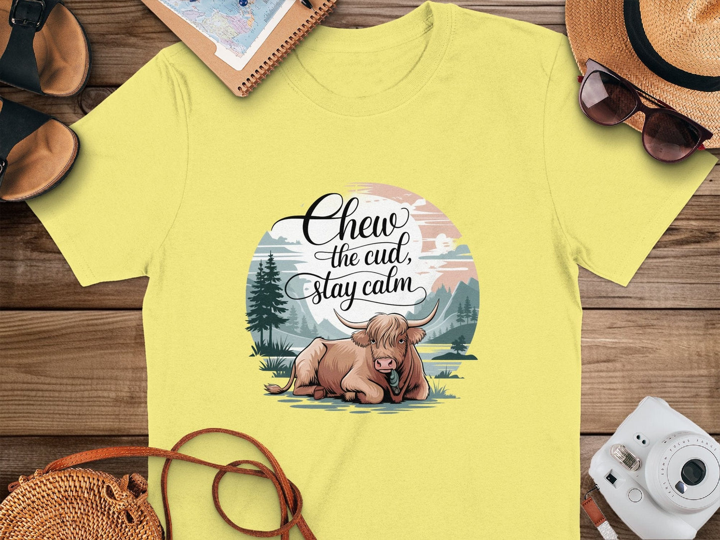 Physical Item Cornsilk / S Chew the Cud Stay Calm Highland Cow Graphic T-Shirts