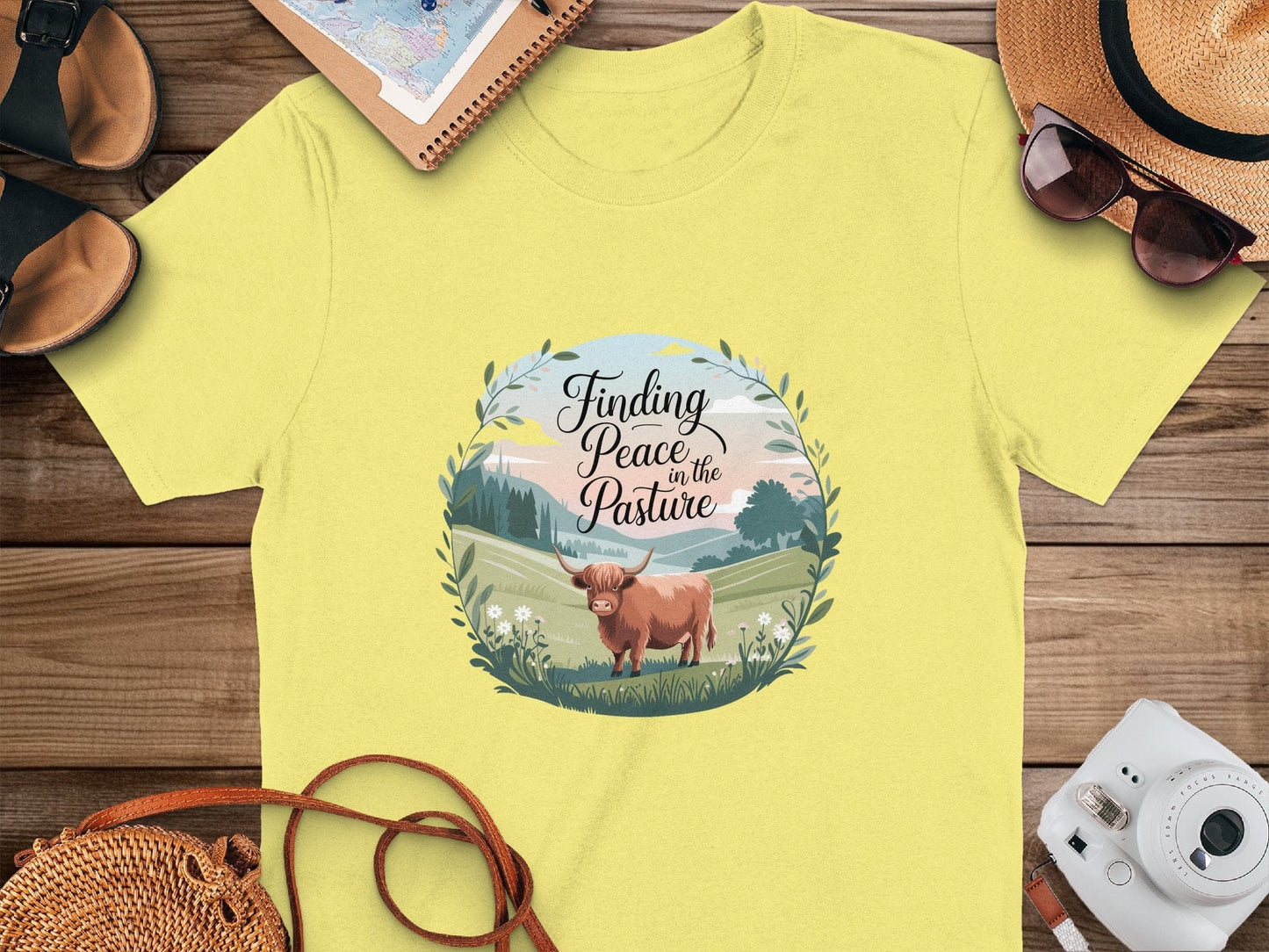 Physical Item Cornsilk / S Finding Peace in the Pasture Highland Cow T-Shirts