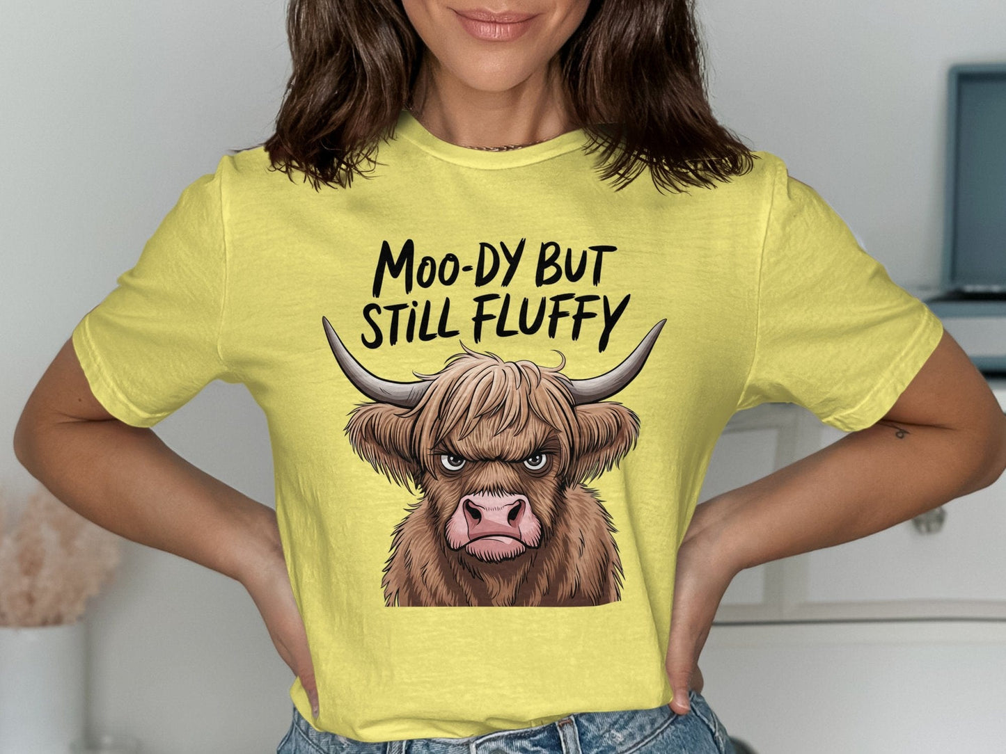 Physical Item Cornsilk / S Highland Cow T-Shirts Moody But Still Fluffy T-Shirts