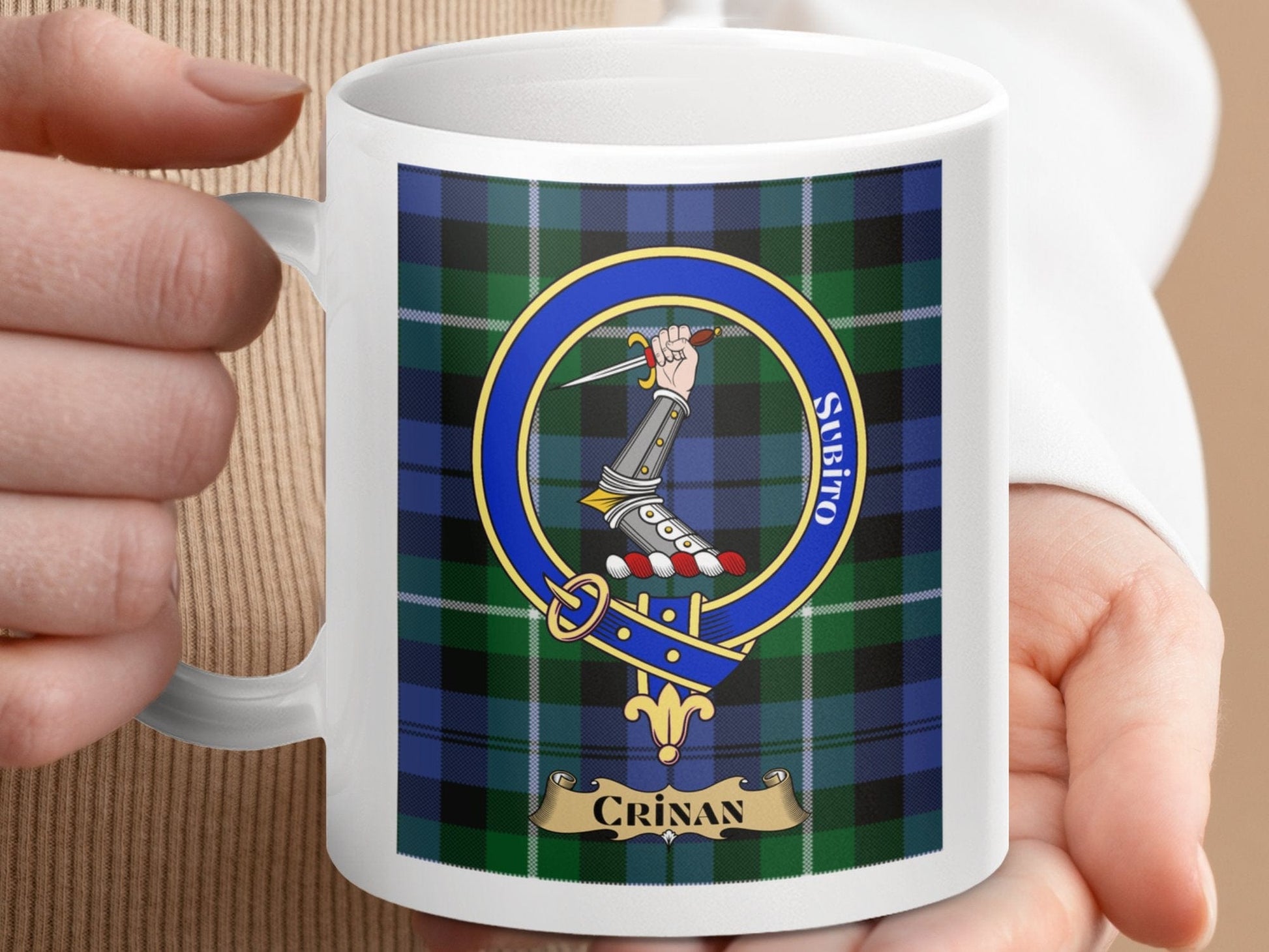 Physical Item Crinan Scottish Tartan Crest Hand Holding Sword Mug