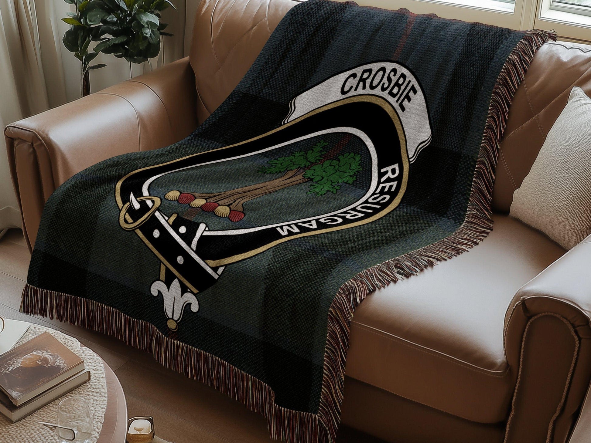 Physical Item Crosbie Clan Crest Tartan Scottish Woven Blanket