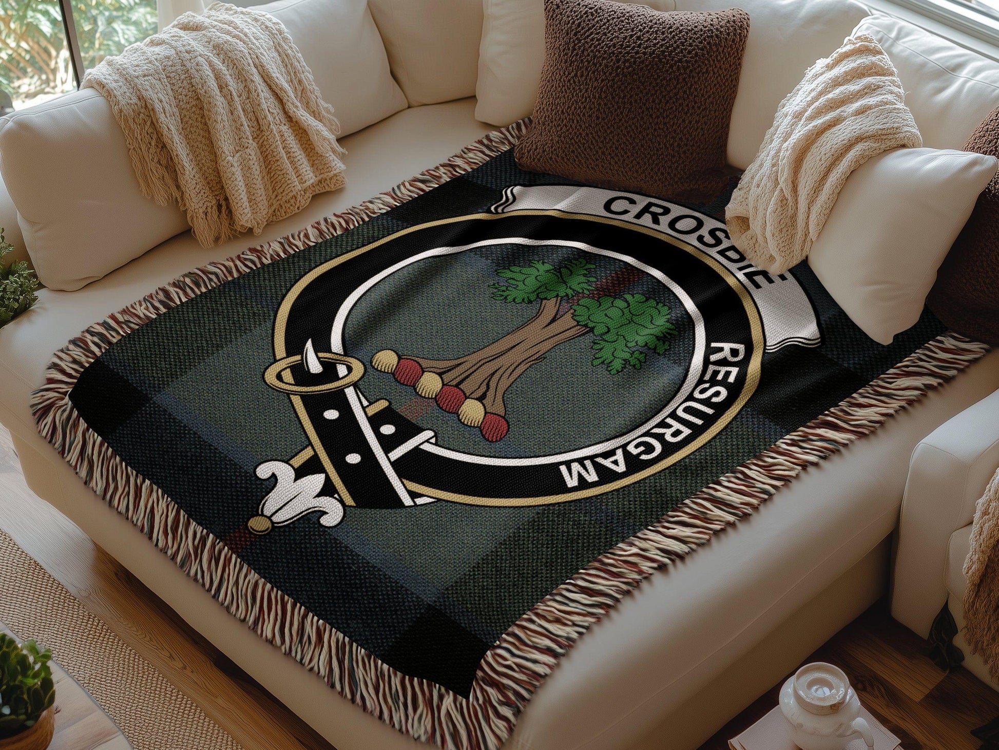 Physical Item Crosbie Clan Crest Tartan Scottish Woven Blanket