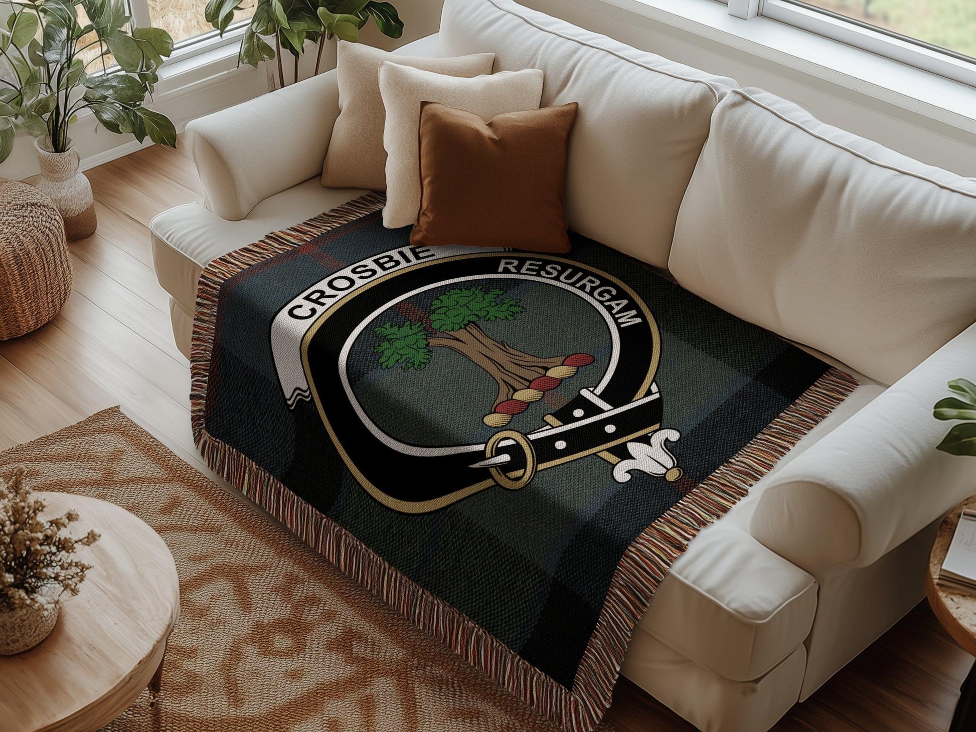 Physical Item Crosbie Clan Crest Tartan Scottish Woven Blanket