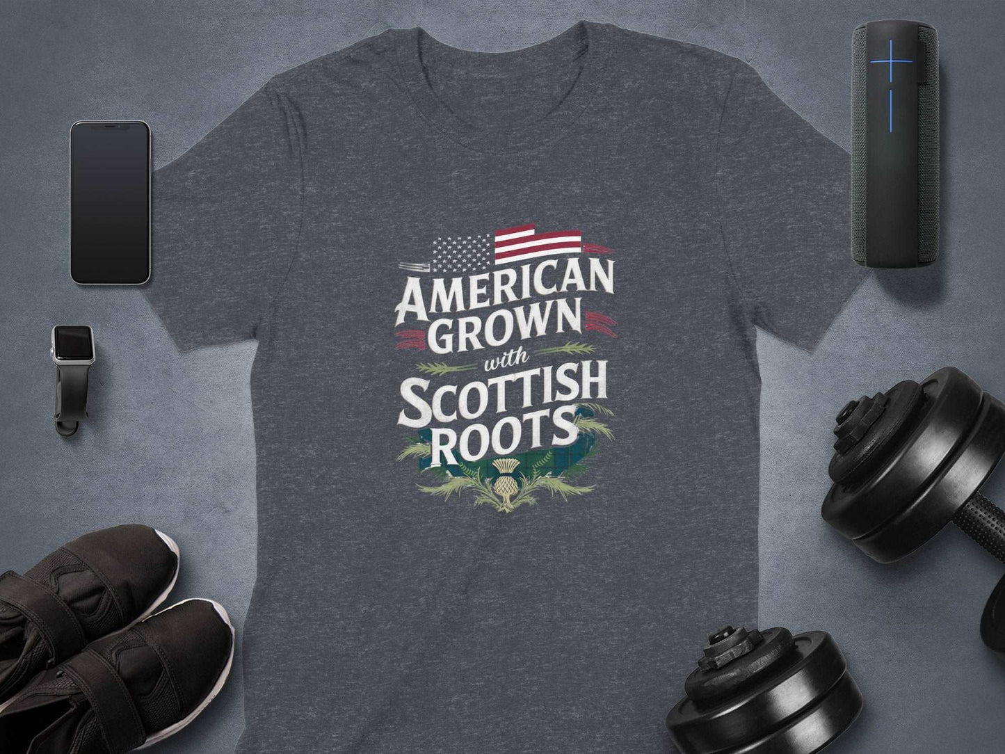 Physical Item Dark Heather / S American Grown with Scottish Roots Patriotic T-Shirt