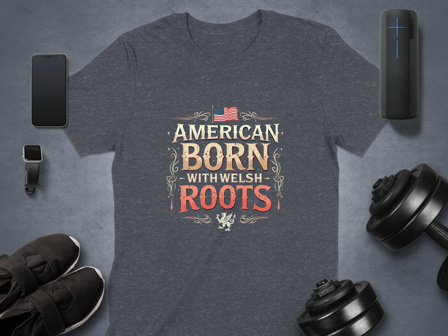 Physical Item Dark Heather / S Patriotic American Born With Welsh Roots Graphic T-Shirt