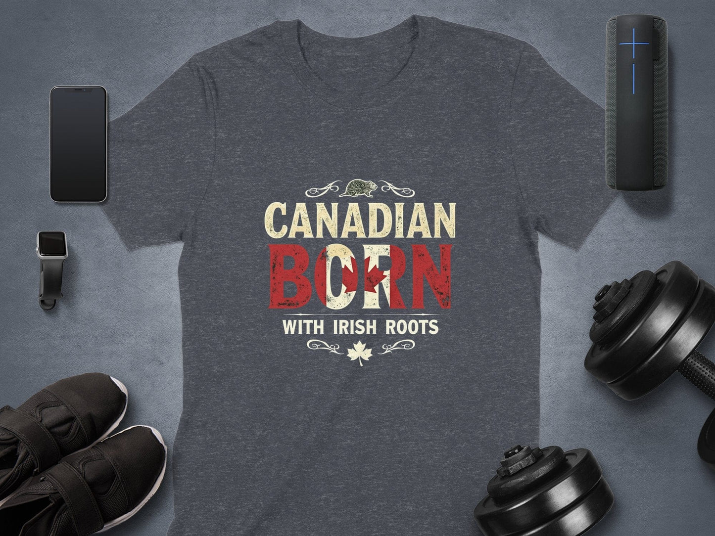 Physical Item Dark Heather / S Patriotic Canadian Born with Irish Roots Graphic T-Shirt