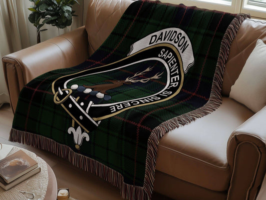 Davidson Clan Crest Tartan Scottish Woven Blanket - Celtic Ancestry Gifts