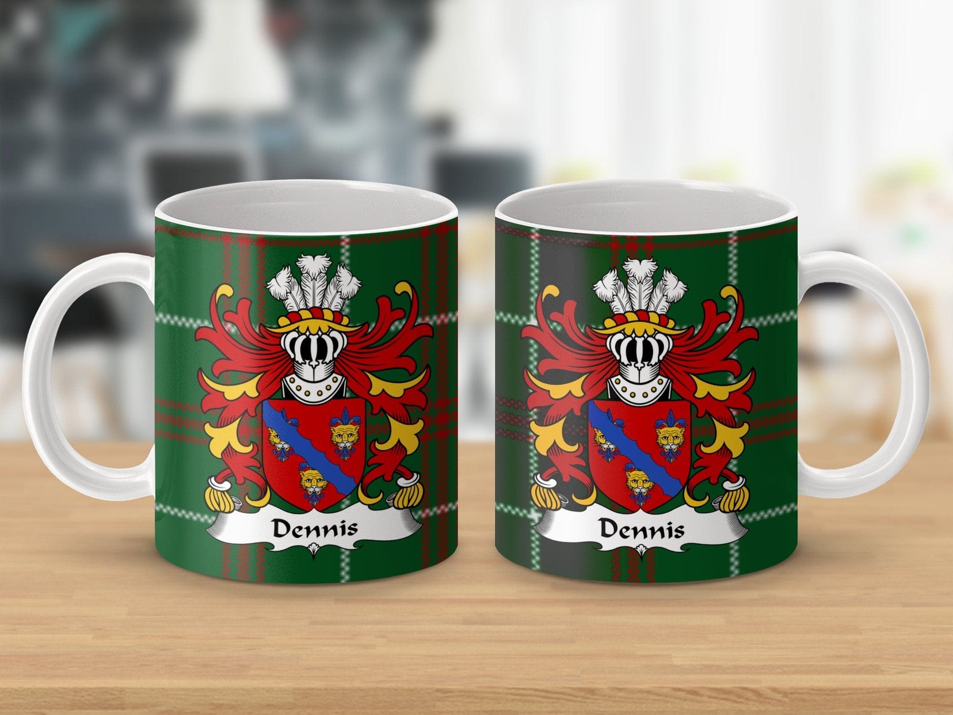 Physical Item Dennis Surname Coat of Arms on Welsh Tartan Mug