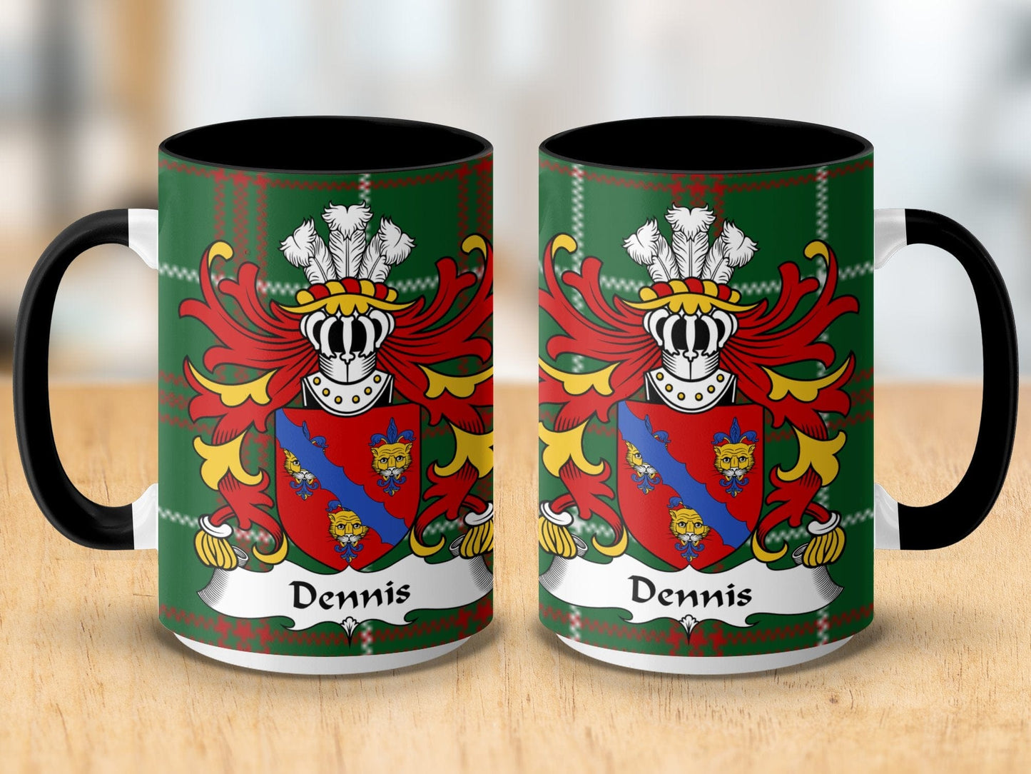 Physical Item Dennis Surname Coat of Arms on Welsh Tartan Mug