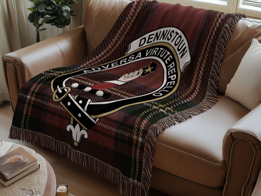 Dennistoun Clan Crest Tartan Scottish Woven Blanket - Celtic Ancestry Gifts