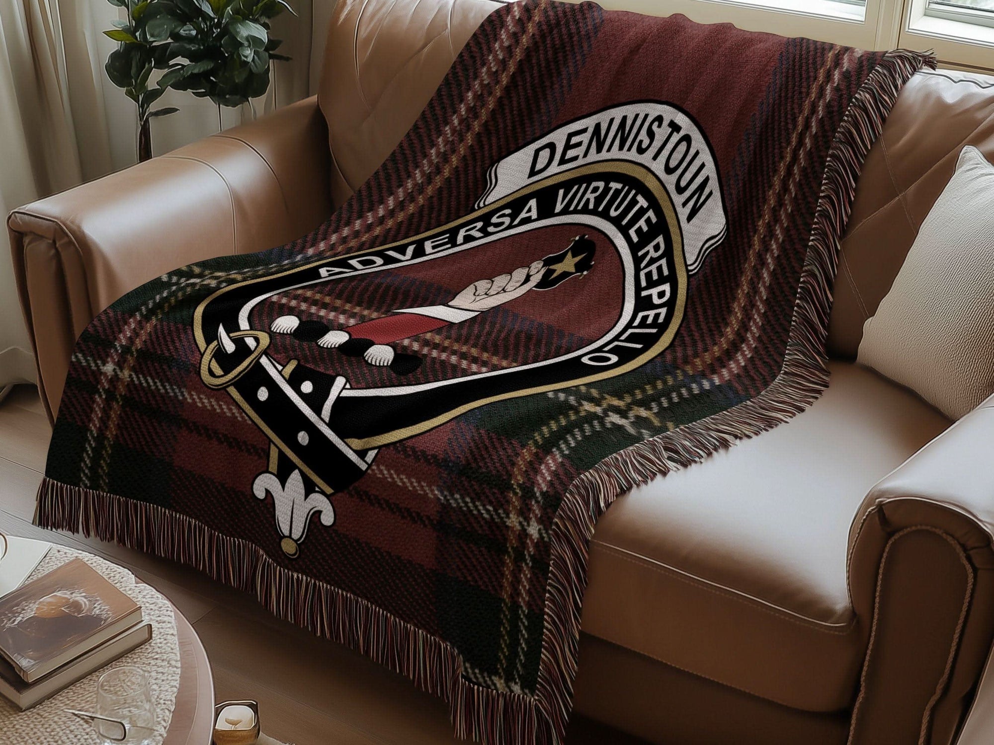 Dennistoun Clan Crest Tartan Scottish Woven Blanket - Celtic Ancestry Gifts