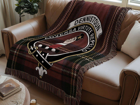 Dennistoun Clan Crest Tartan Scottish Woven Blanket - Celtic Ancestry Gifts