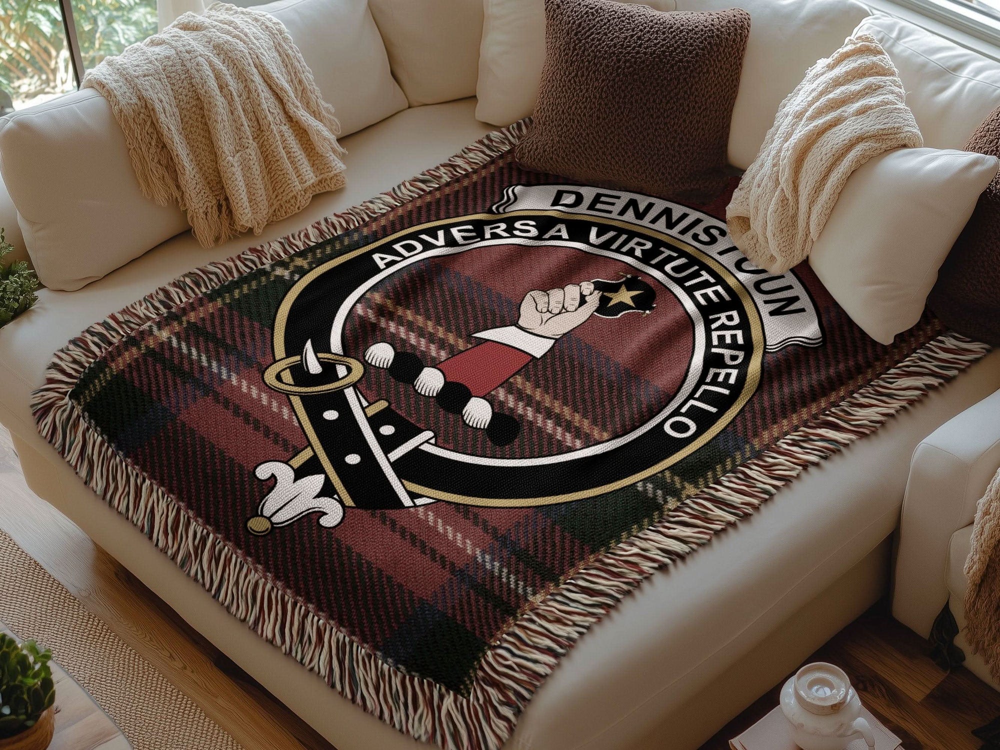 Dennistoun Clan Crest Tartan Scottish Woven Blanket - Celtic Ancestry Gifts
