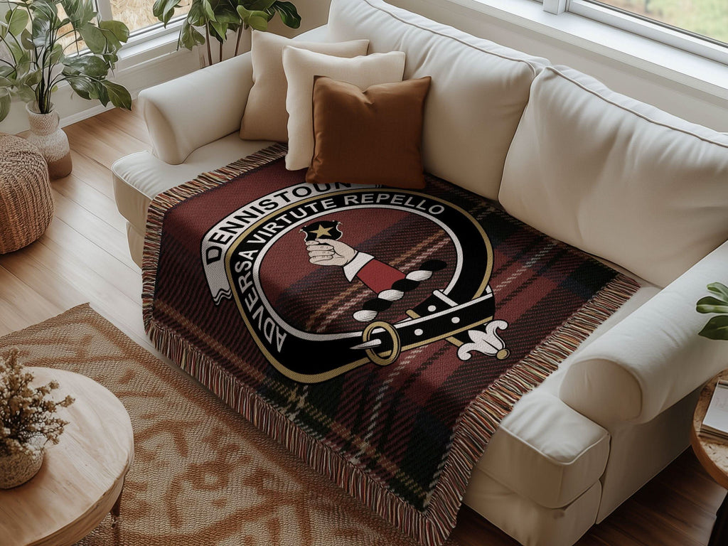 Dennistoun Clan Crest Tartan Scottish Woven Blanket - Celtic Ancestry Gifts