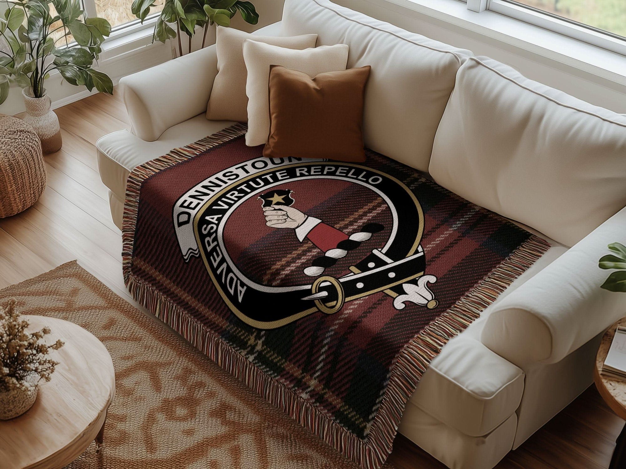 Dennistoun Clan Crest Tartan Scottish Woven Blanket - Celtic Ancestry Gifts
