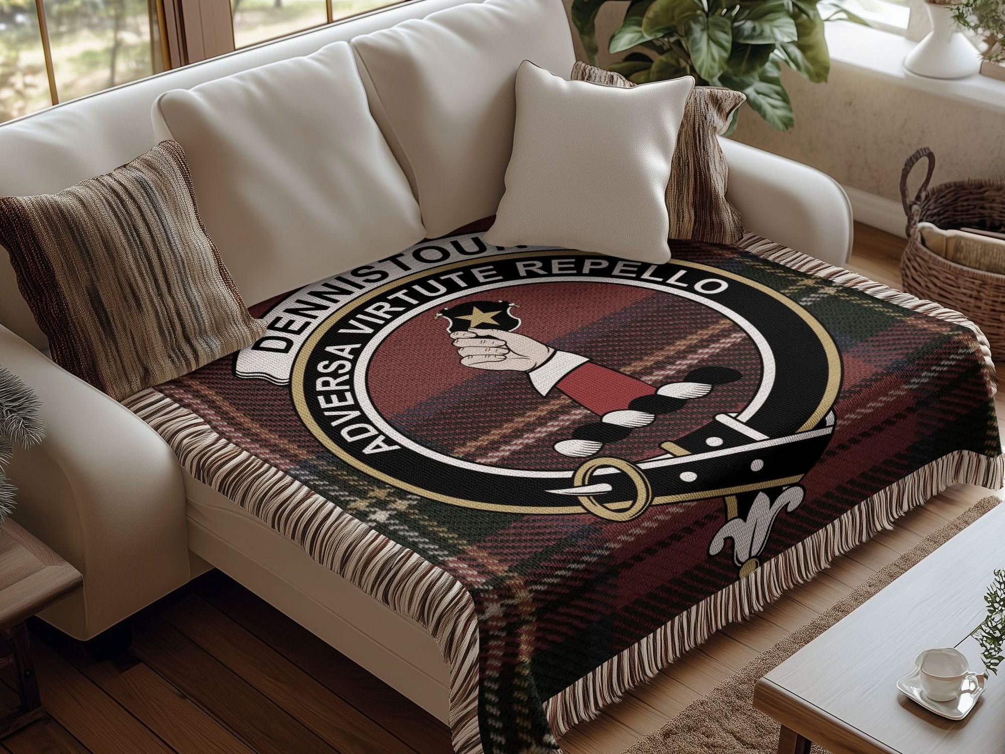 Dennistoun Clan Crest Tartan Scottish Woven Blanket - Celtic Ancestry Gifts