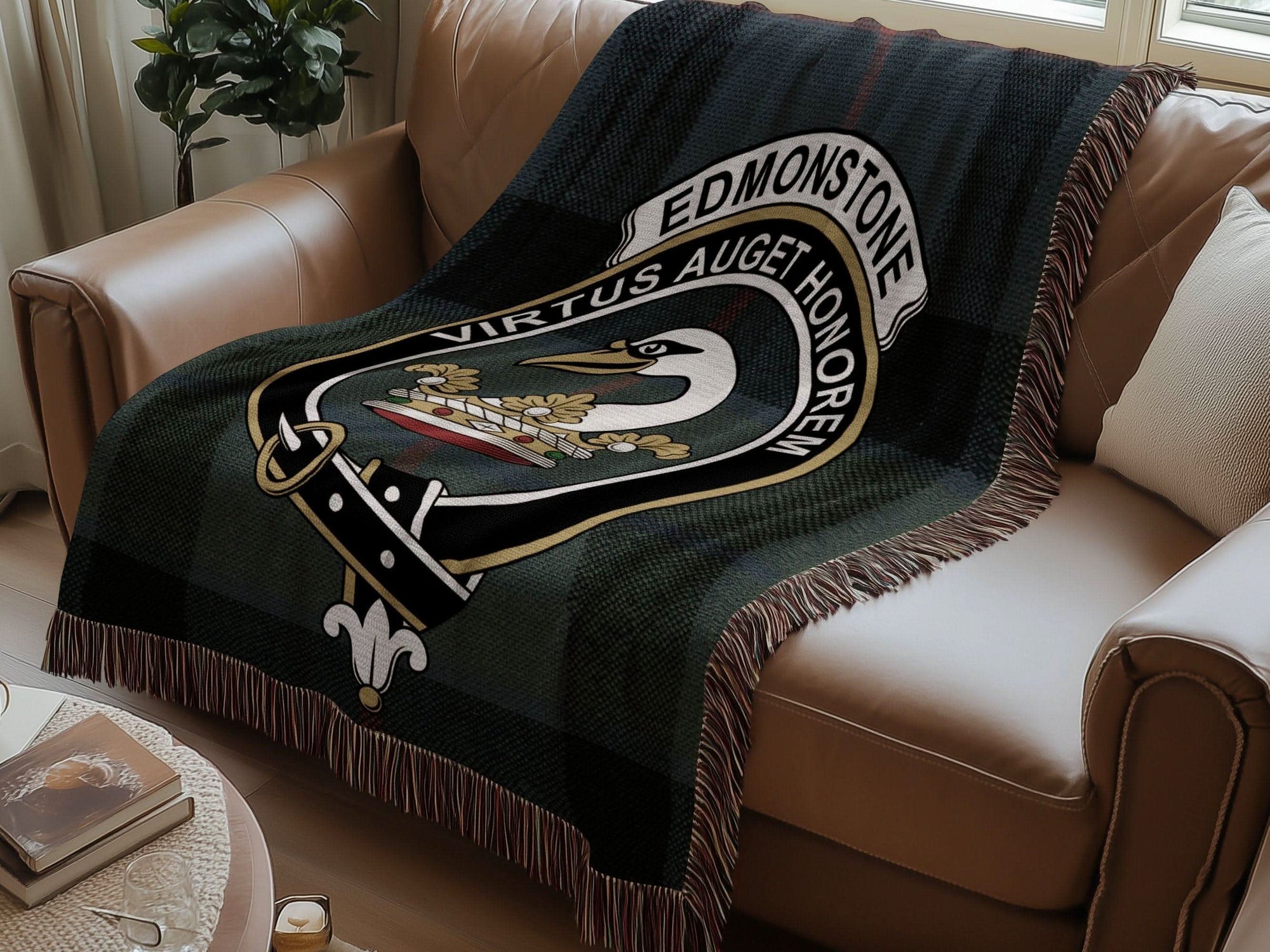 Edmonstone Clan Crest Tartan Scottish Woven Blanket - Celtic Ancestry Gifts