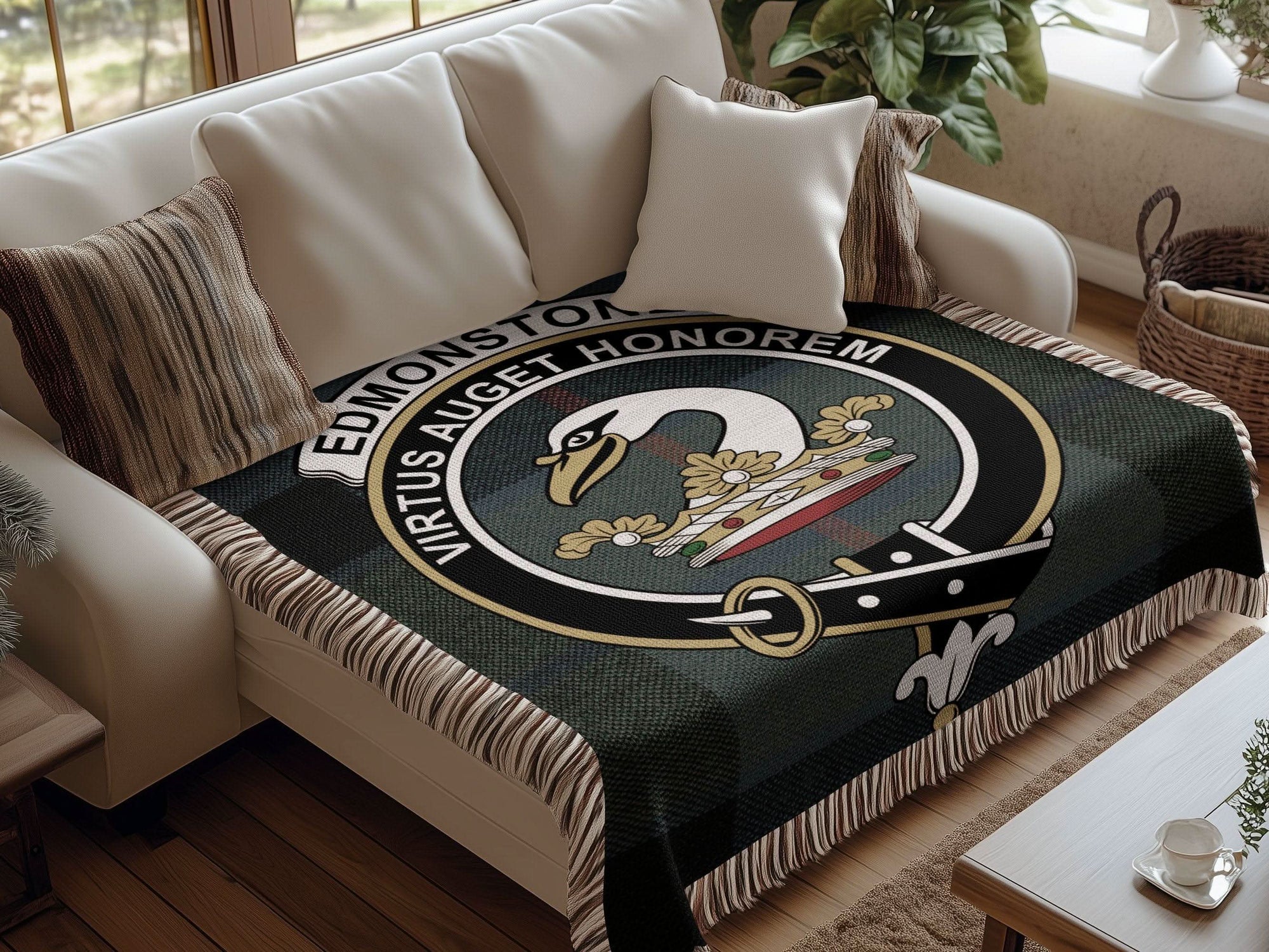 Edmonstone Clan Crest Tartan Scottish Woven Blanket - Celtic Ancestry Gifts